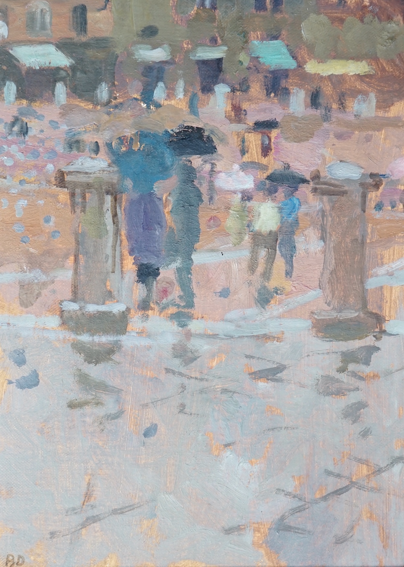 Bernard Dunstan R.A.(1920-2017), 'The Campo, Rainy Day', oil on board, 27 x 19.5cm